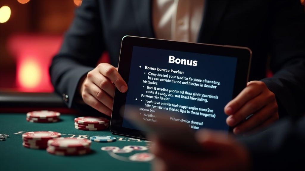 Player reviewing bonus terms and eligibility on a tablet in a casino setting