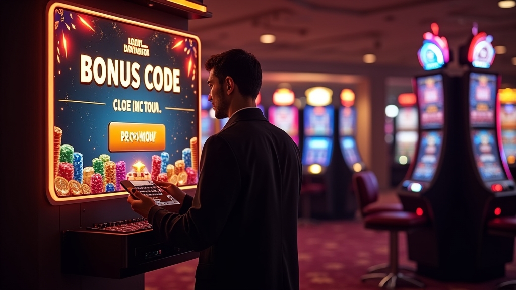 Glowing casino promo screen with chips and slot reels in a dark interior