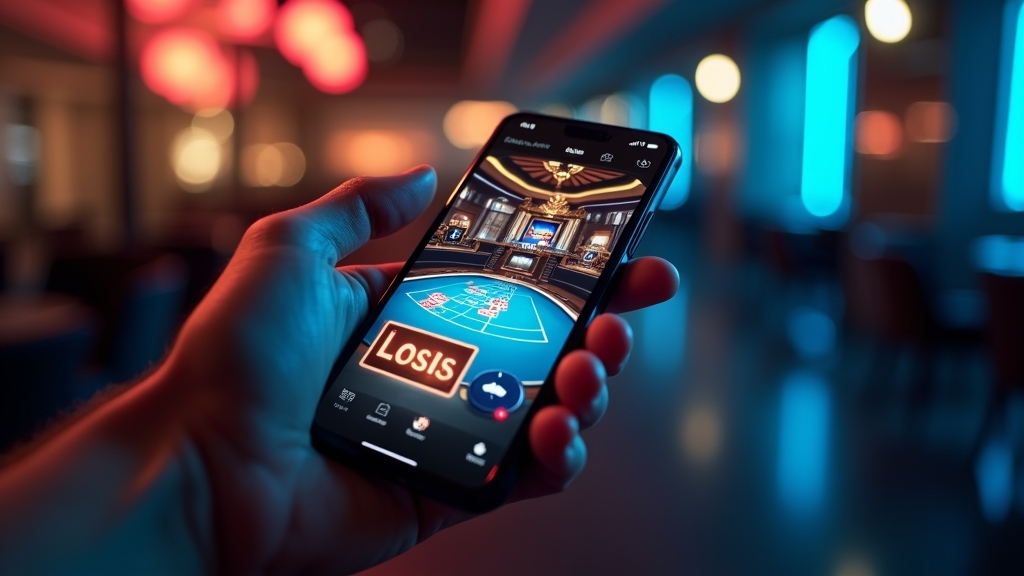 Smartphone showing a sleek mobile casino lobby in a dark neon-lit setting