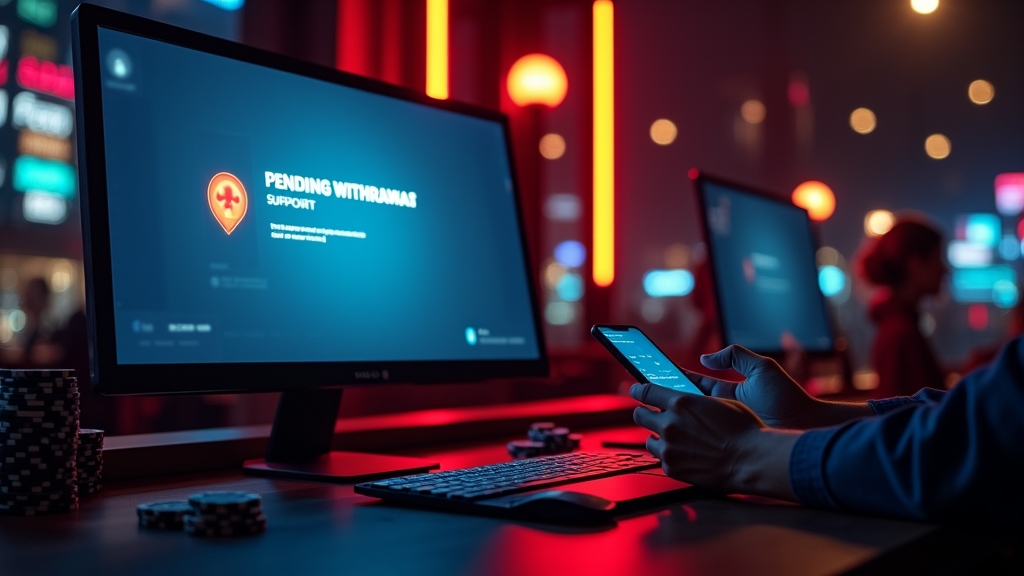 Pending casino withdrawal status shown on a monitor and phone